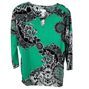 Chico's Helena Top Vivid Green 3/4 Sleeve Blouse Keyhole Neck Size Small 2-4